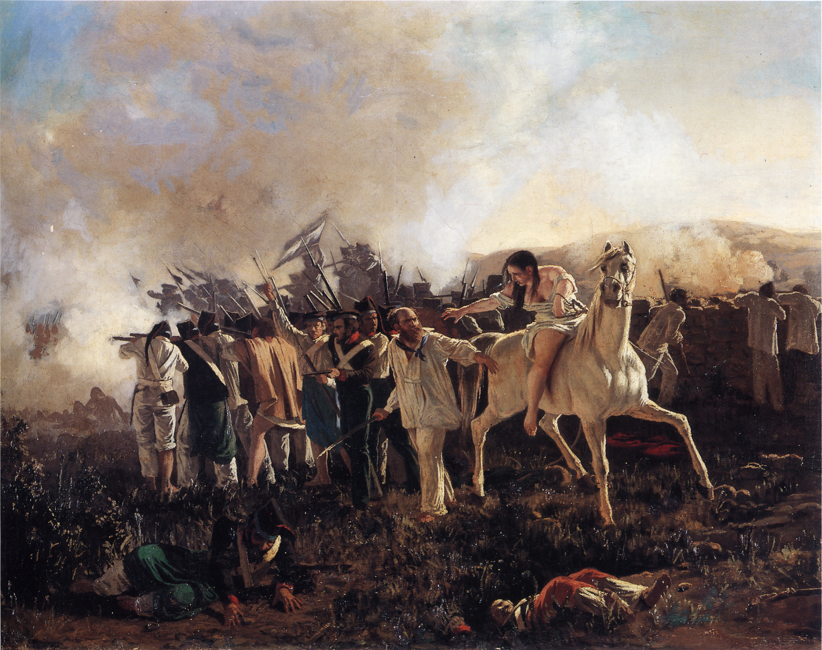 La imagen muestra la Batalla de San Cala (1836), donde las fuerzas federales de Nazario Benavídez sorprendieron y vencieron a los unitarios. El guerrero a caballo blanco simboliza el liderazgo y la valentía en medio del combate y el caos del fuego.